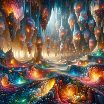The primary subject of the image is a vibrant and colorful cave with a variety of lights and patterns. The cave is filled with a multitude of colorful lights, creating a visually stunning and lively atmosphere. The setting is a cave with a backdrop of a mountain, adding to the natural beauty of the scene. The visual style of the image is digital art, showcasing the artist's creativity and skill in crafting a captivating and imaginative world. The colors and mood of the image are predominantly bright and energetic, with a sense of wonder and exploration.